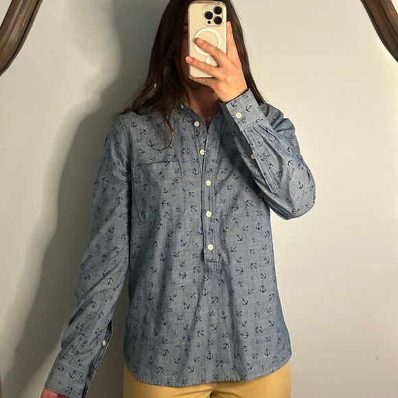 NWT J. Crew Blue Nautical Anchor Print 1/2 Button Down 100% Cotton (Size: Small) - Picture 3 of 5